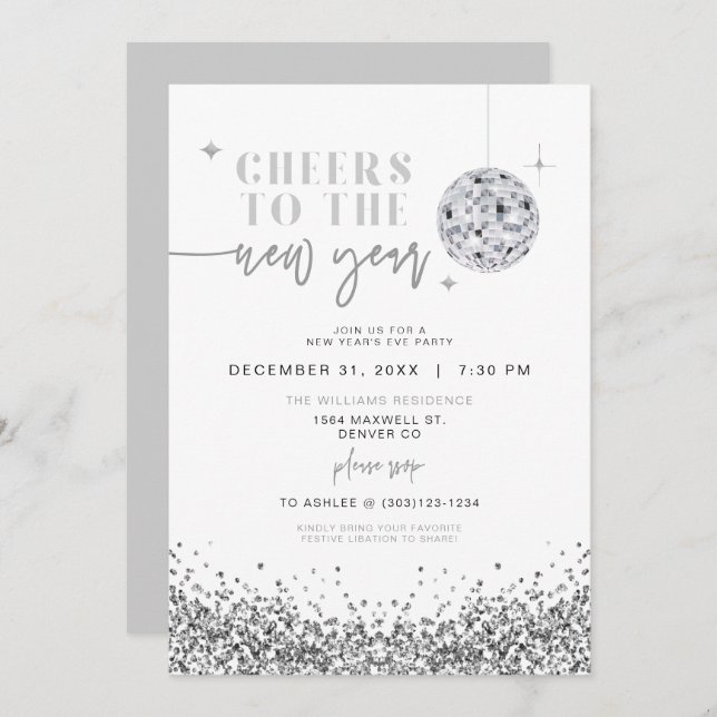 REGINA Silver Sequins Disco New Year's Eve Party Invitation (Front/Back)