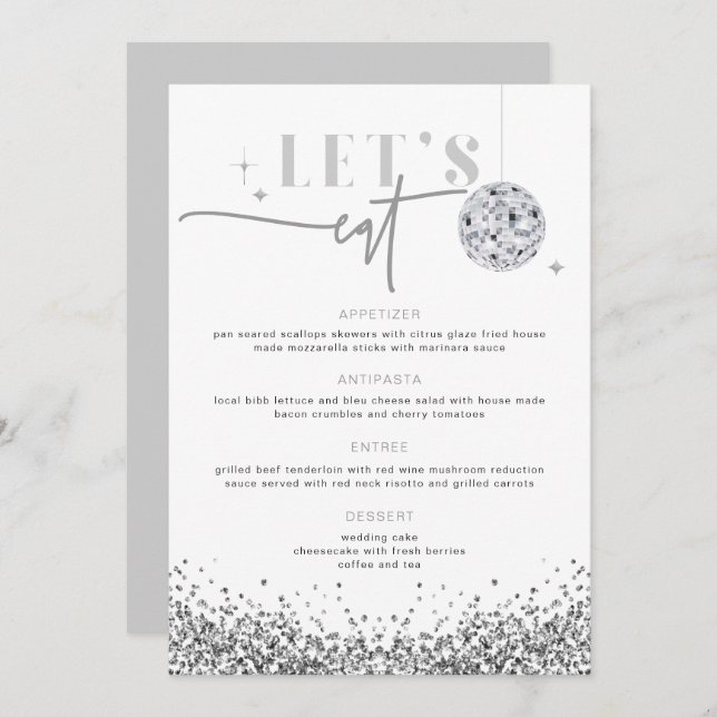 REGINA Silver Sequins Disco Wedding Let's Eat Menu (Front/Back)