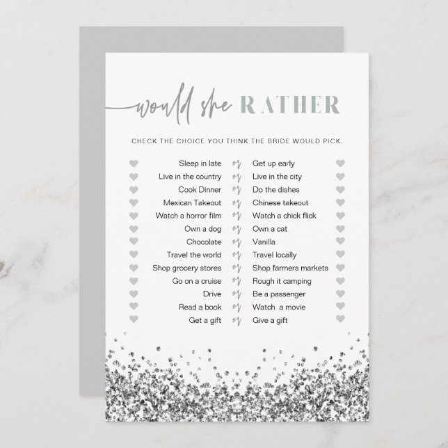 REGINA Silver Sequins Would She Rather Bridal Game Invitation (Front/Back)