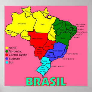 Regions of Brasil Map` Poster