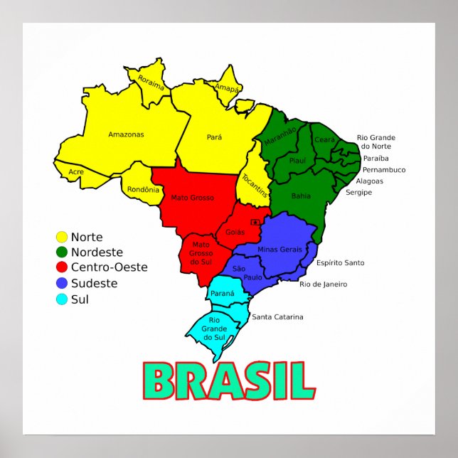 Regions of Brasil Map Poster (Front)