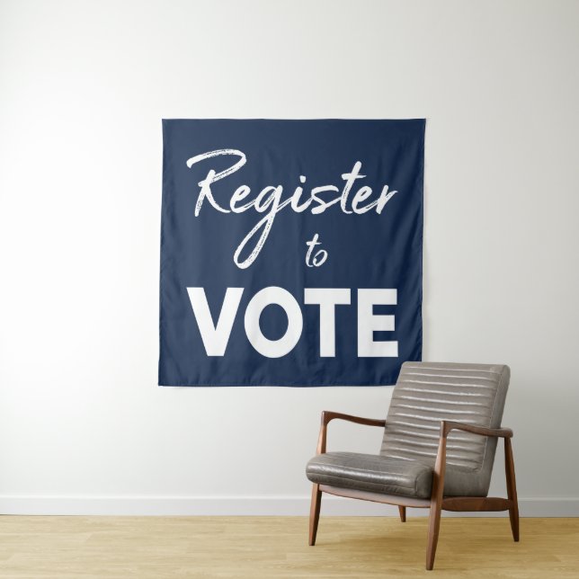 Register to Vote–modern white typography on navy Tapestry (In Situ)