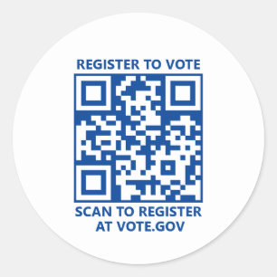 Register to vote scannable QR Code blue and white Classic Round Sticker