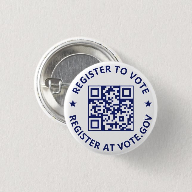 Register to vote scannable QR Code navy blue white 3 Cm Round Badge (Front & Back)