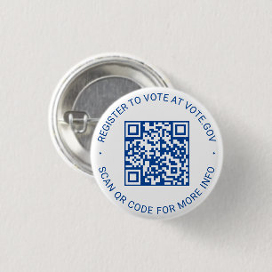 Register to vote scannable QR Code white and blue 3 Cm Round Badge
