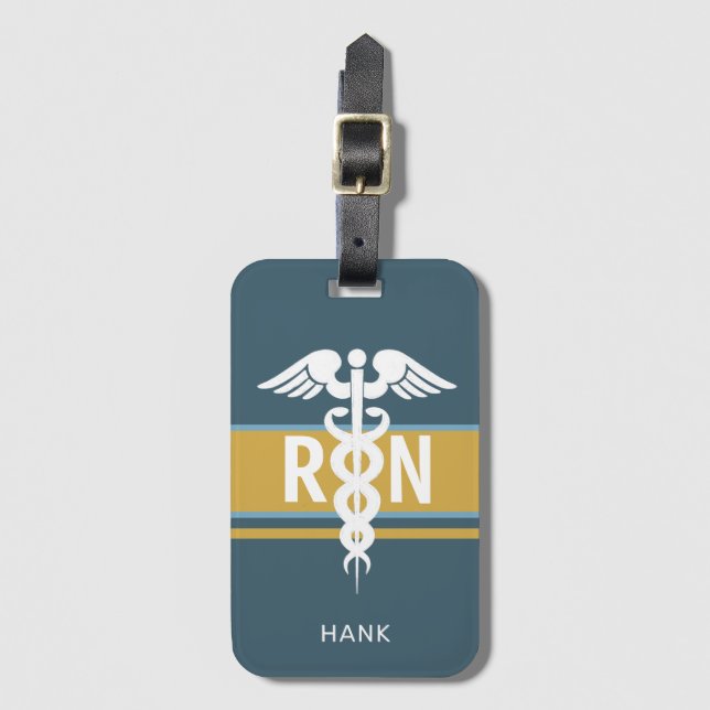 Registered Nurse Blue Gold Caduceus Personalised  Luggage Tag (Front Vertical)