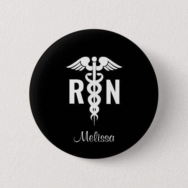 Registered Nurse Caduceus Black White Personalized 6 Cm Round Badge (Front)