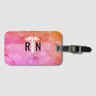 Registered Nurse Caduceus Pink Orange Watercolor Luggage Tag