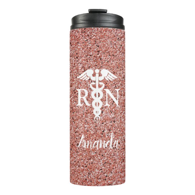 Registered Nurse Caduceus Rose Gold Glitter Custom Thermal Tumbler (Front)