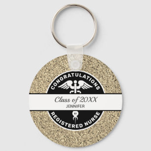 Registered Nurse Graduation Gold Glitter Monogram Key Ring