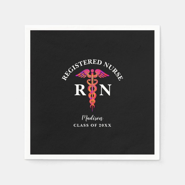 Registered Nurse Graduation Pink Black Caduceus Napkin (Front)