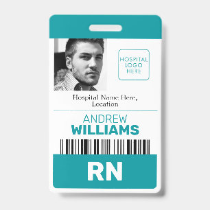 Registered Nurse  ID Barcode Teal White Logo Photo Badge
