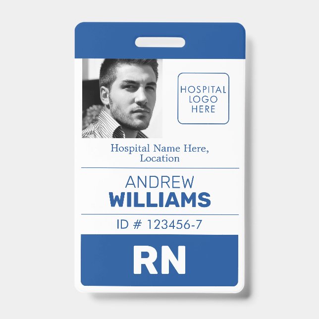 Registered Nurse ID Number Blue White Logo Photo Badge (Front)