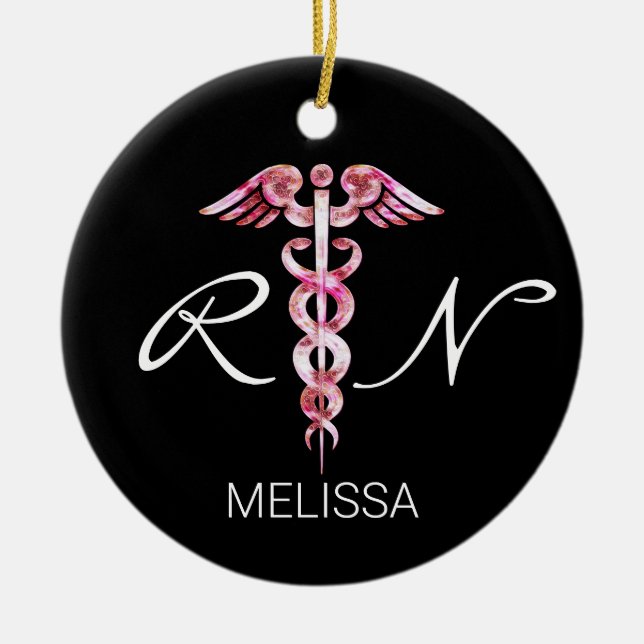 Registered Nurse Medical Caduceus Pink Christmas Ceramic Ornament (Front)