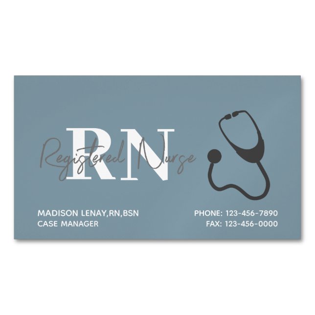 Registered Nurse Modern Blue Medical Stethoscope Magnetic Business Card (Front)