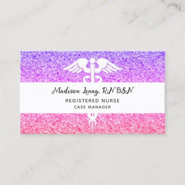 Registered Nurse Modern Purple Pink Glitter Business Card (Front)