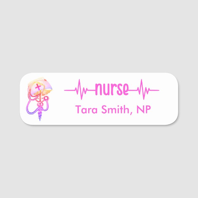 Registered Nurse Name Badge Cute Pink Stethoscope (Front)