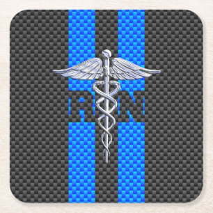 Registered Nurse RN Caduceus Carbon Fibre Stripes Square Paper Coaster