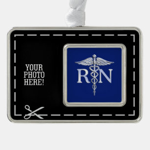 Registered Nurse RN Caduceus Design Silver Plated Framed Ornament
