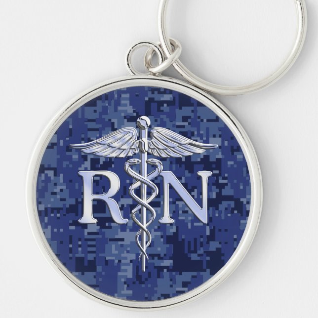 Registered Nurse RN Caduceus on Blue Camo Key Ring (Front)