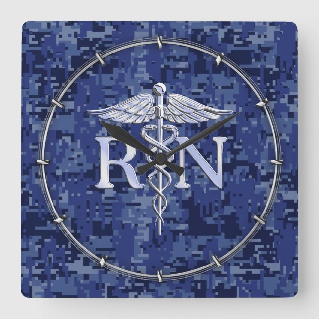Registered Nurse RN Caduceus on Blue Camo Square Wall Clock (Front)