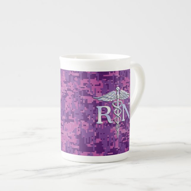Registered Nurse RN Caduceus on Fuchsia Camo Bone China Mug (Front Right)
