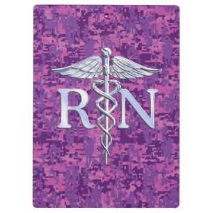 Registered Nurse RN Caduceus on Fuchsia Camo Clipboard
