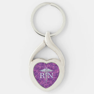 Registered Nurse RN Caduceus on Fuchsia Camo Key Ring
