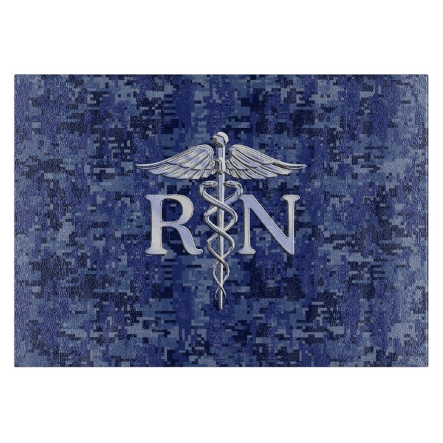 Registered Nurse RN Caduceus on Navy Blue Camo Cutting Board (Front)