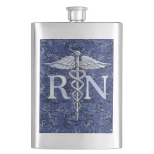 Registered Nurse RN Caduceus on Navy Blue Camo Hip Flask