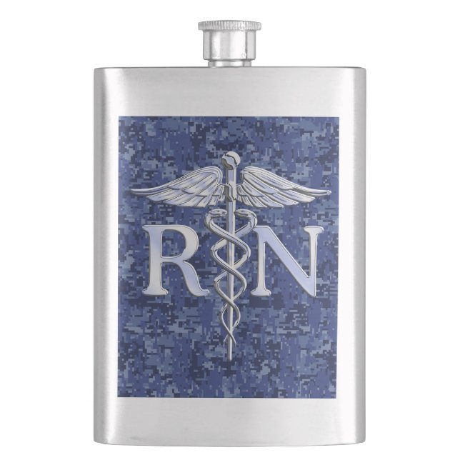 Registered Nurse RN Caduceus on Navy Blue Camo Hip Flask (Front)