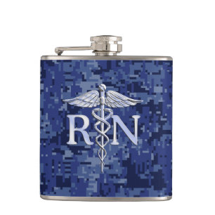 Registered Nurse RN Caduceus on Navy Blue Camo Hip Flask