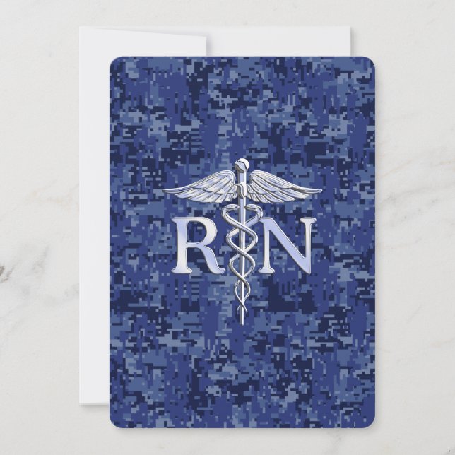 Registered Nurse RN Caduceus on Navy Blue Camo Invitation (Front)