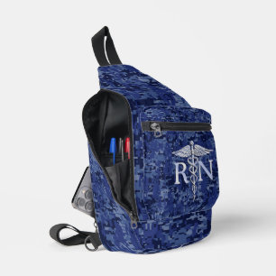 Registered Nurse RN Caduceus on Navy Blue Camo Sling Bag