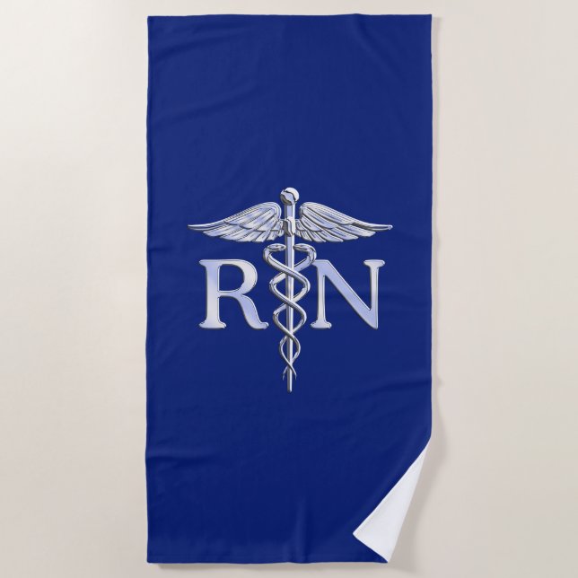 Registered Nurse RN Caduceus on Navy Blue Decor Beach Towel (Front)