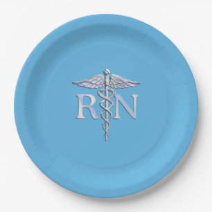 Registered Nurse RN Caduceus on Pastel Blue Paper Plate