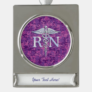 Registered Nurse RN Caduceus on Pink Camouflage Silver Plated Banner Ornament