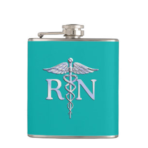 Registered Nurse RN Caduceus on Turquoise Decor Hip Flask