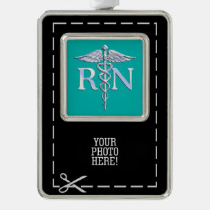 Registered Nurse RN Caduceus on Vibrant Turquoise Silver Plated Framed Ornament