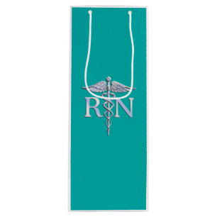 Registered Nurse RN Caduceus on Vibrant Turquoise Wine Gift Bag