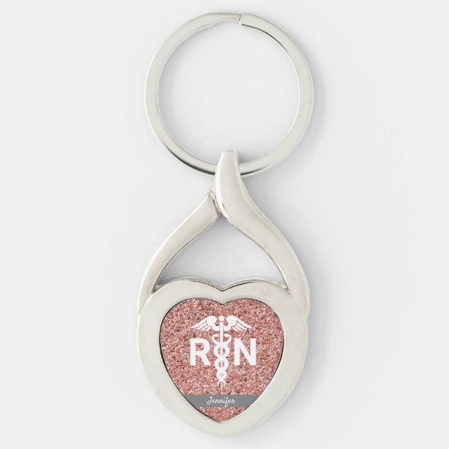 Registered Nurse RN Caduceus Rose Gold Glitter Key Ring (Front)