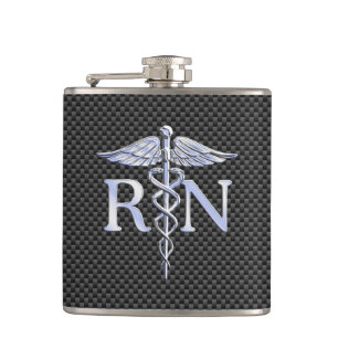 Registered Nurse RN Caduceus Snakes Black Carbon Hip Flask