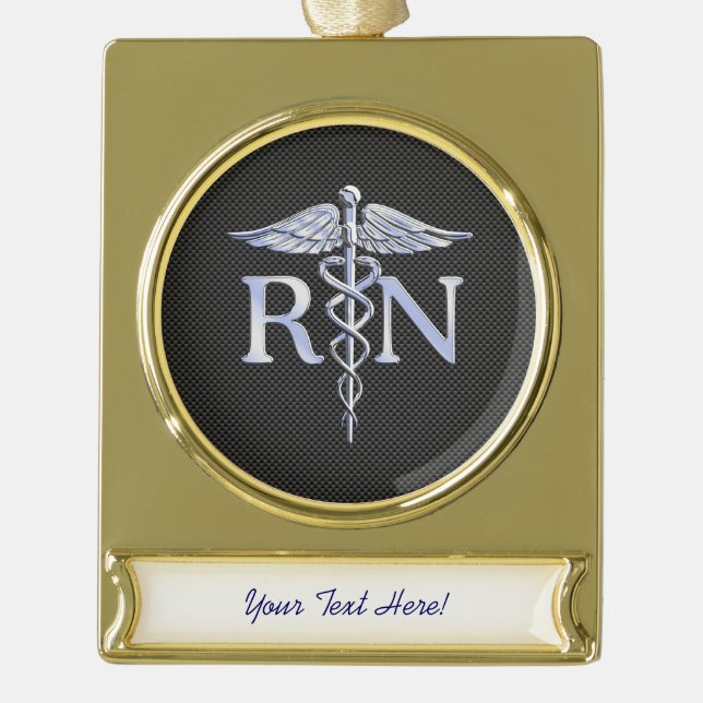 Registered Nurse RN Caduceus Snakes Carbon Gold Plated Banner Ornament (Front)