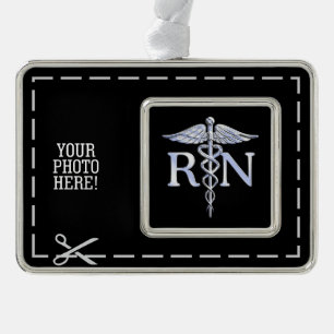 Registered Nurse RN Caduceus Snakes on Black Decor Silver Plated Framed Ornament