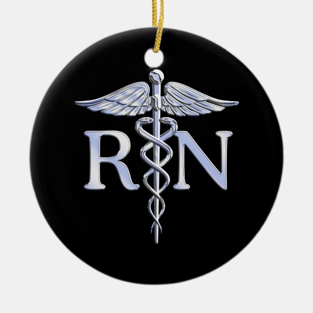 Registered Nurse RN Caduceus Snakes Style on Black Ceramic Ornament (Front)