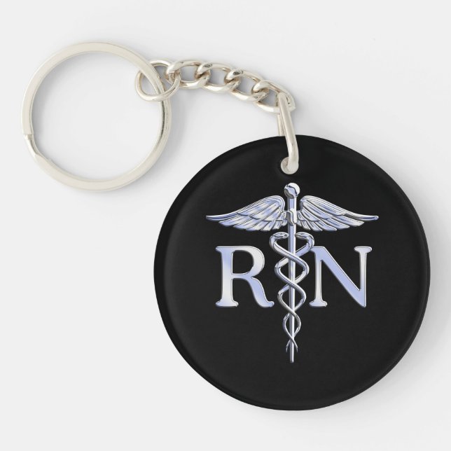 Registered Nurse RN Caduceus Snakes Style on Black Key Ring (Front)