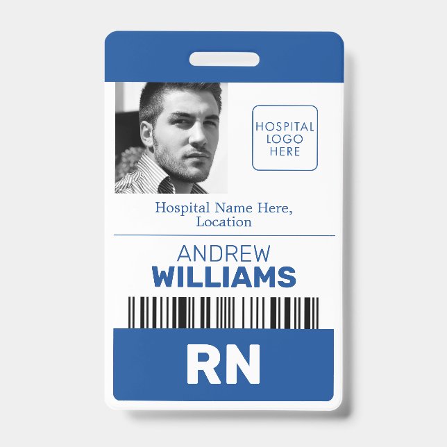 Registered Nurse RN ID Blue and White Logo Photo Badge (Front)