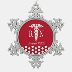 Registered Nurse RN Medical Caduceus Personalised Snowflake Pewter Christmas Ornament