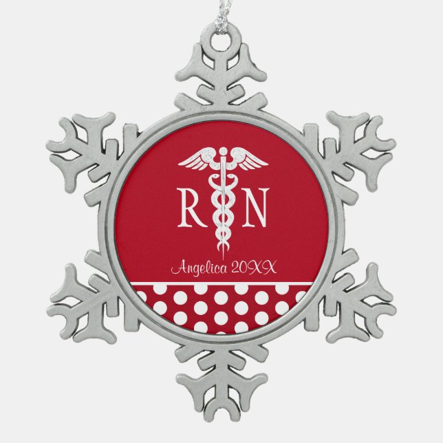 Registered Nurse RN Medical Caduceus Personalised Snowflake Pewter Christmas Ornament (Front)