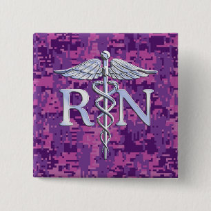 Registered Nurse RN Silver Caduceus Fuchsia Camo 15 Cm Square Badge